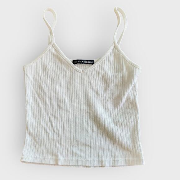 Brandy Melville White Ribbed V Neck Crop Tank Spaghetti Strap Soft Fitted Y2K - Picture 1 of 4